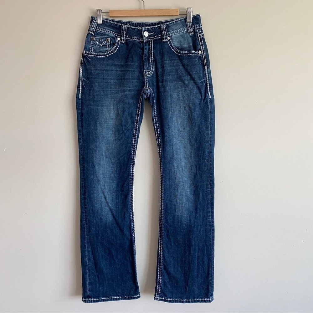 ROCK & Roll Cowgirl Mid Rise Bootcut Jeans 30x34 Embellished Pockets - Picture 3 of 12